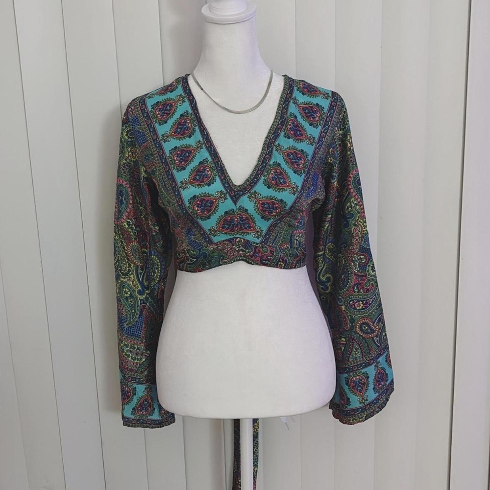 Silk boho paisley print long sleeve top